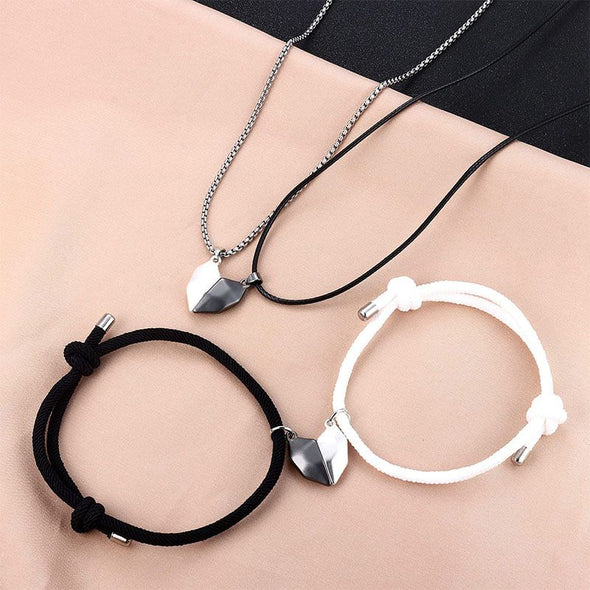 4Pcs Magnetic Couple Necklace Bracelet for Him and Her, Two Souls One Heart Pendant Necklaces for Couple
