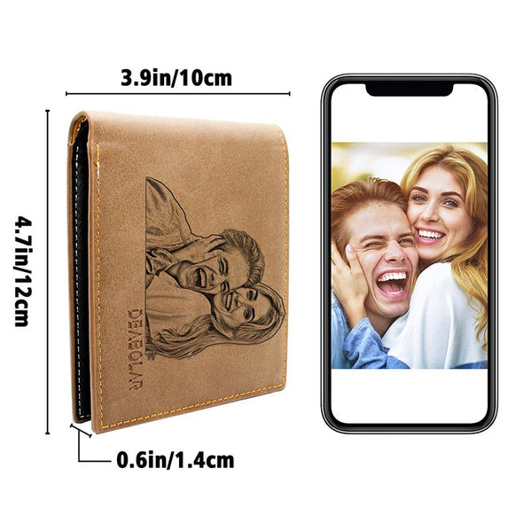 Custom Wallets for Men,Engraved Personalized Mens Picture Leather Wallet for Dad,Son,Husband,Boyfriend-Light Brown