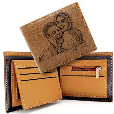 Custom Wallets for Men,Engraved Personalized Mens Picture Leather Wallet for Dad,Son,Husband,Boyfriend-Light Brown