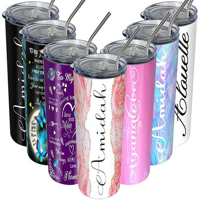 Personalized Skinny Tumbler with Lids and Straws Print Name, Custom Insulated Tumblers 20 oz for Mom, Women, Men