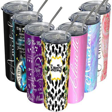 Personalized Skinny Tumbler with Lids and Straws Print Name, Custom Insulated Tumblers 20 oz for Mom, Women, Men