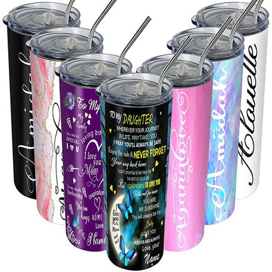 Personalized Skinny Tumbler with Lids and Straws Print Name for Daughter, Custom Insulated Tumblers 20 oz