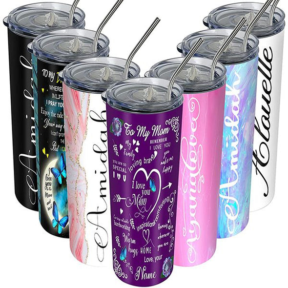 Personalized Skinny Tumbler with Lids and Straws Print Name for Mom, Custom Insulated Tumblers 20 oz