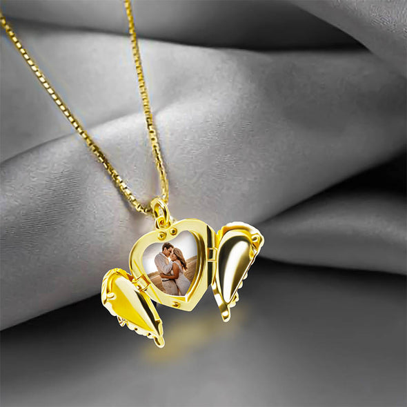 Photo Heart Necklace Angel Wings Necklaces,Custom Photo Necklace for Women -GOLD