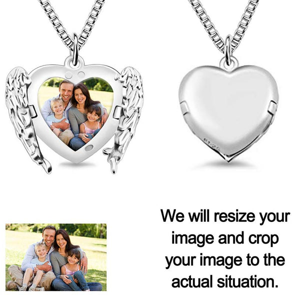 Personalized Photo Necklace,Photo Heart Necklace Angel Wings Necklaces,Custom Photo Necklace for Women - Silver