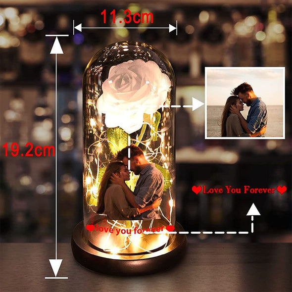 Custom Photo Rose Light, Rose in Glass Dome with LED Lights Eternal Flower Lamp with Picture Text-Pink