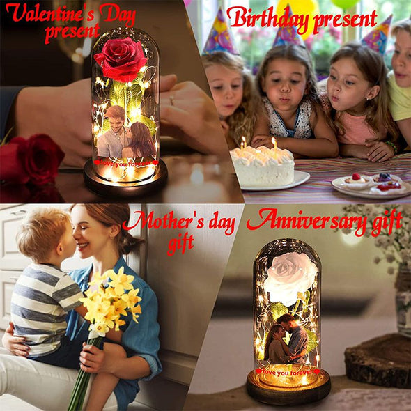 Custom Photo Rose Light, Rose in Glass Dome with LED Lights Eternal Flower Lamp with Picture Text-Pink