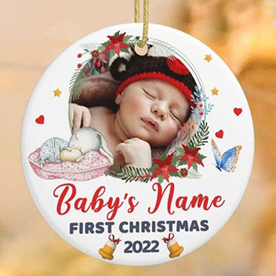Baby First Personalized Christmas Photo Ornament, Custom Ceramic Christmas Ornaments with Name Text Picture