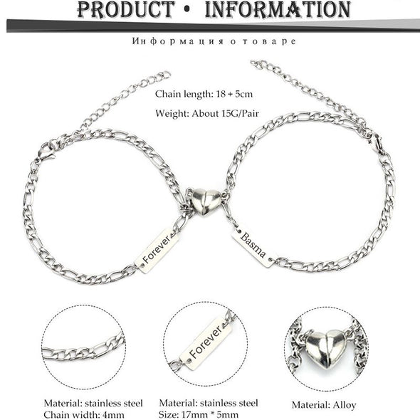 Custom Chain Magnetic Couple Bracelet, Engraved Matching Bracelets for Couples