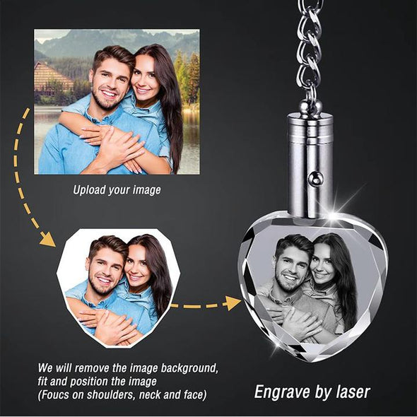 Custom Heart Crystal Keychain Picture for Valentine's Day,Mothers Day,Personalized Engraved Keyring with LED Light