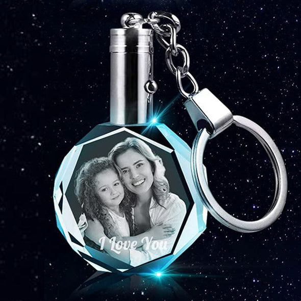 Personalized Round Crystal Keychain with Picture Lighted,Customize Photo Keychain Engraved for Father's Day,Mothers Day