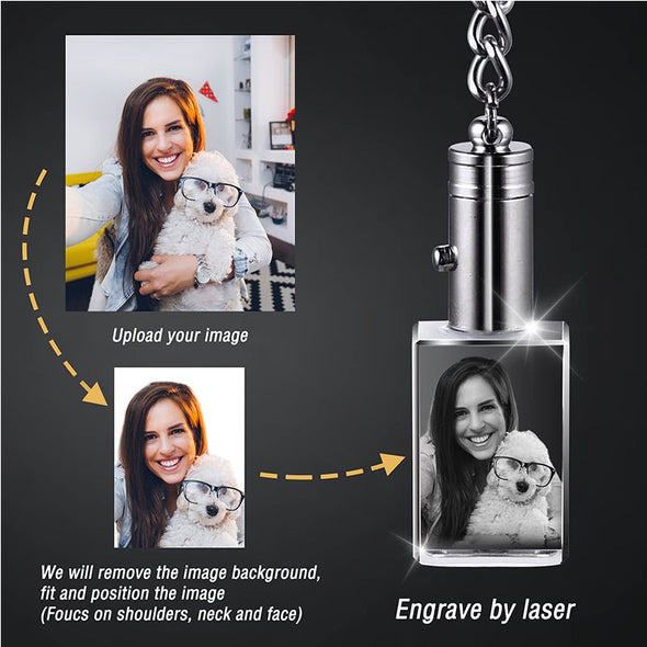 Personalized Rectangle Crystal Keychain with Picture Lighted,Customize Photo Keychain Engraved for Father's Day,Mothers Day
