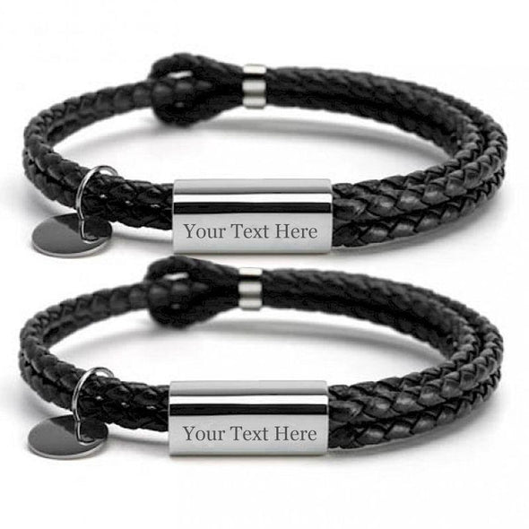 Personalized Engraved Double Woven Leather Bracelet, Custom Couple Bracelet for Him/Her-2 PCS