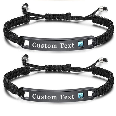 Custom Couple Bracelets, Engraved Personalized Couples Bracelets for Him Her-Black