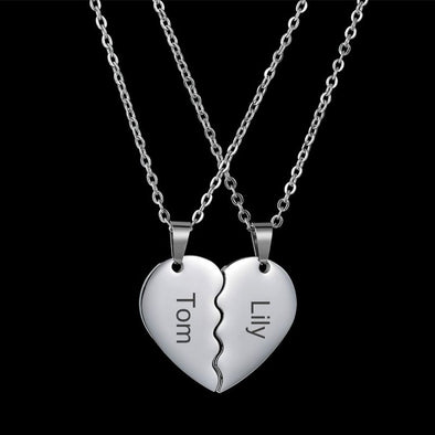 Personalized Names Necklaces For Couple, Stainless Steel Engrave Name Necklaces For Double Hearts-Silver