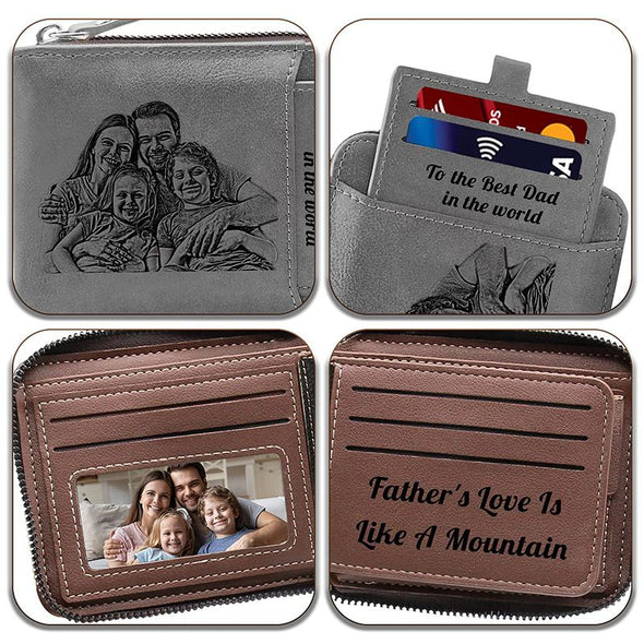 Father's Day Gifts - Personalized Engraved Wallets for Men,Custom Zipper Wallet with Photo for Father,Husband,Son-Gray