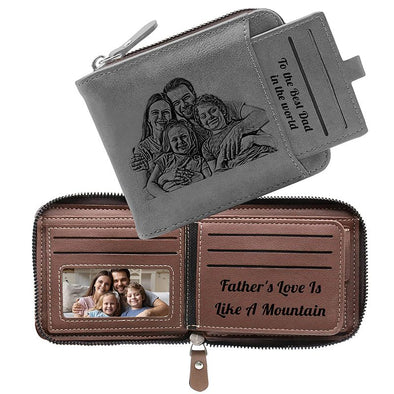 Father's Day Gifts - Personalized Engraved Wallets for Men,Custom Zipper Wallet with Photo for Father,Husband,Son-Gray