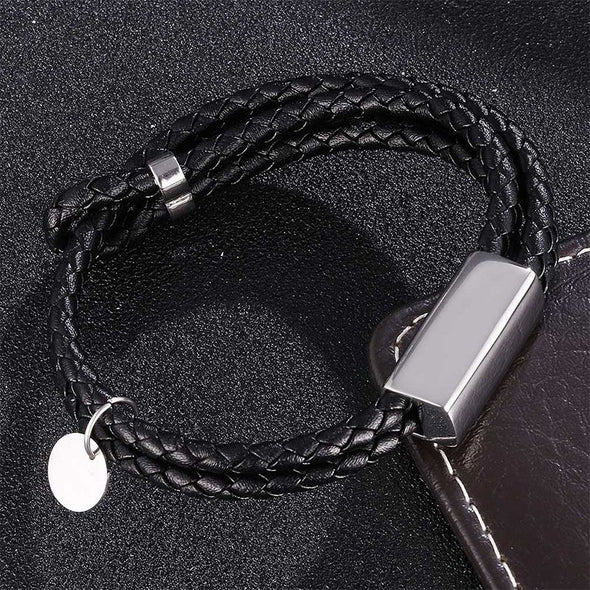 Custom Couple Bracelet, 2 PCS Personalized Engraved Double Woven Leather Bracelet for Him/Her