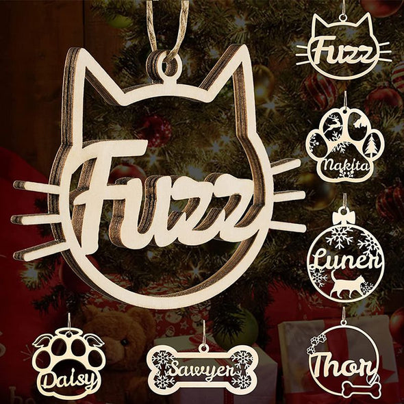 Personalized Cat Face Christmas Ornaments, Custom Pet Name Wooden Ornaments for Christmas