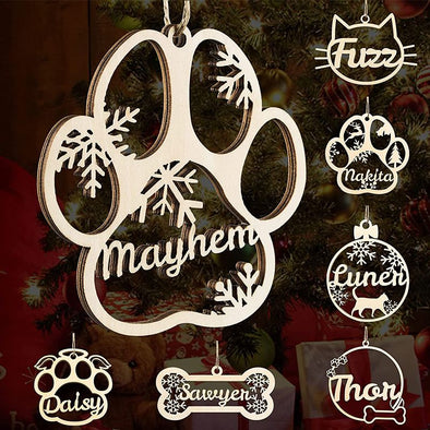 Personalized Dog Paw Christmas Ornaments with Snowflake, Custom Pet Name Wooden Ornaments for Christmas
