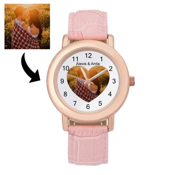 Custom Watch for Women, Personalized Photo Pink Leather Watch for Girlfriend, Wife