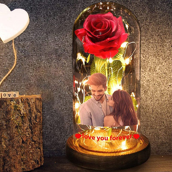 Custom Photo Rose Light, Rose in Glass Dome with LED Lights Eternal Flower Lamp with Picture Text-Red